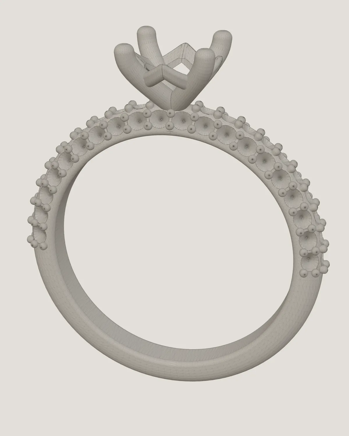 The production model of a pavé solitaire ring, shown as clay with its mesh edges
