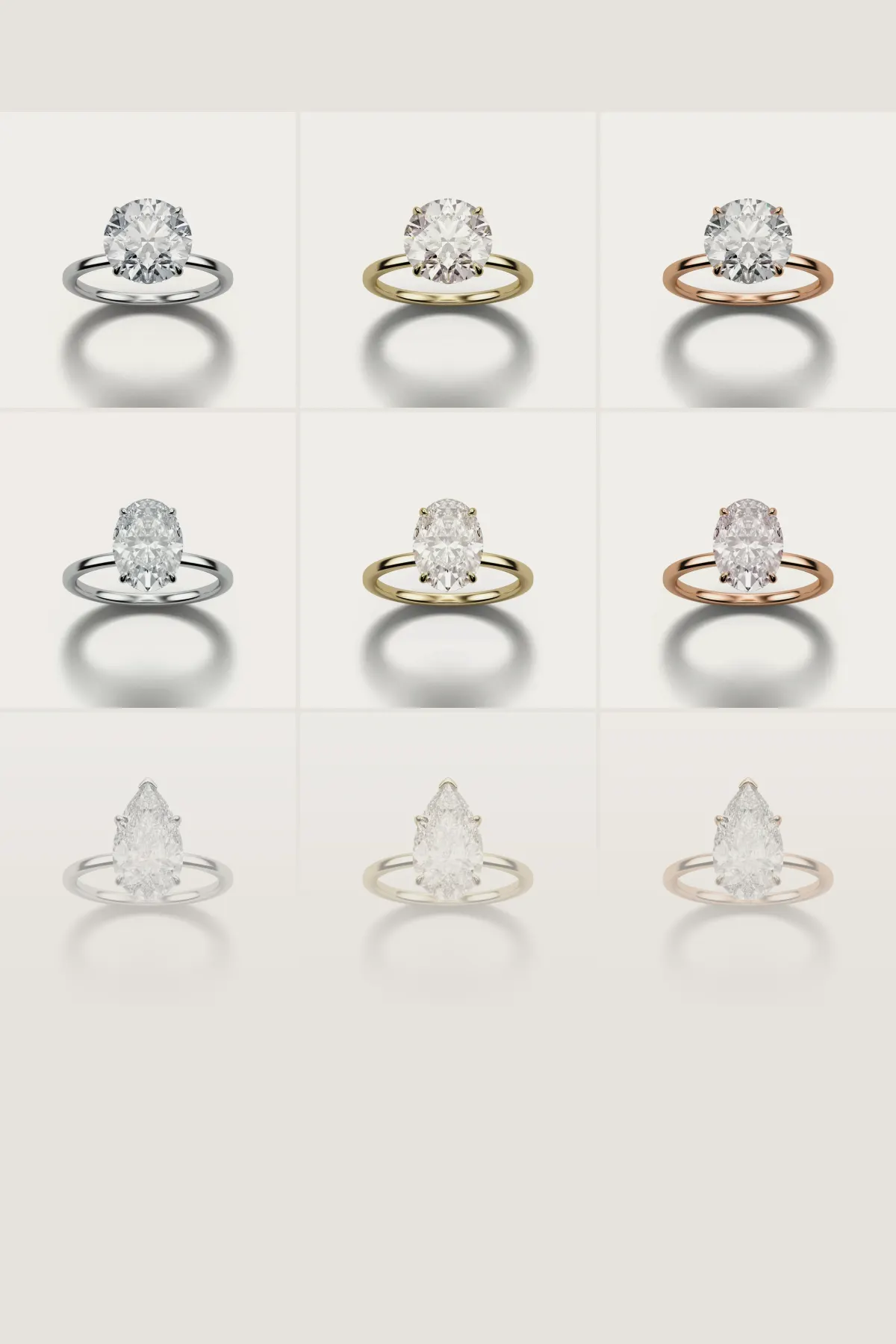 Nine catalogue renders of one solitaire design across three stone shapes and three metals