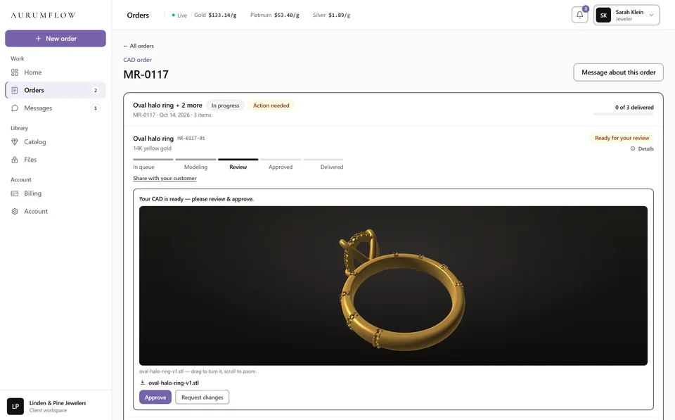 Client portal: CAD order MR-0117, an oval halo ring in three metals, with the first model — the Station Halo, an oval center on a band with pavé stations — ready for review in the 3D viewer, and buttons to approve or request changes.