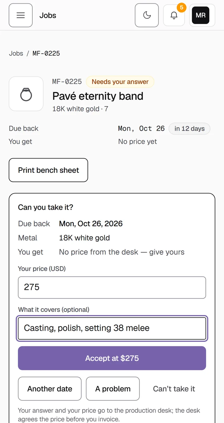 Partner app on a phone: job MF-0225, a pavé eternity band in 18K white gold, “Can you take it?” with the house’s price of $275 typed in and the button “Accept at $275”.