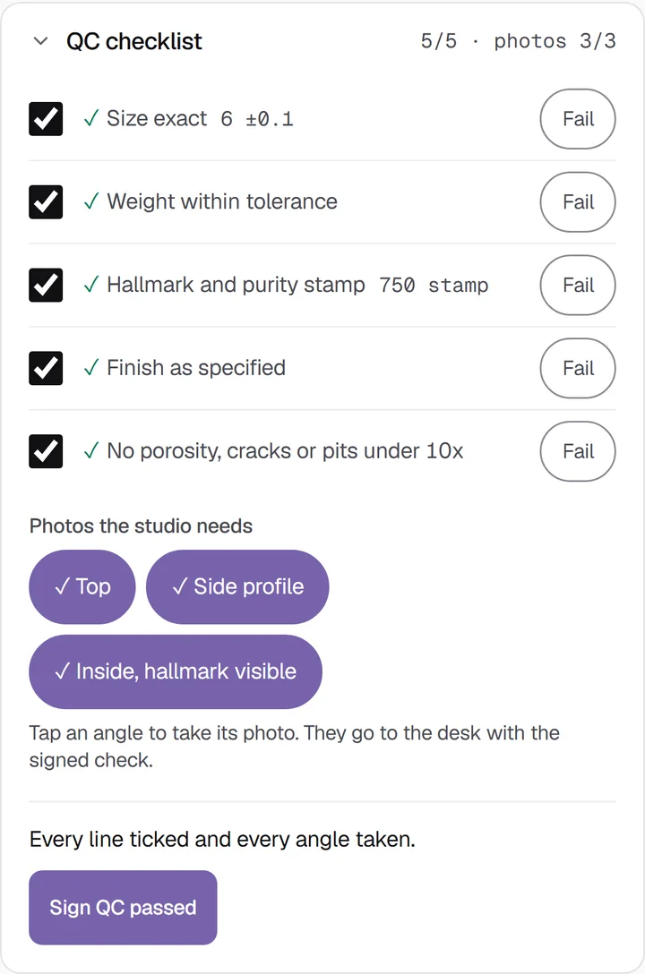 Partner app on a phone: the QC checklist for MF-0228 with five checks ticked, three photo angles taken, and “Sign QC passed”.